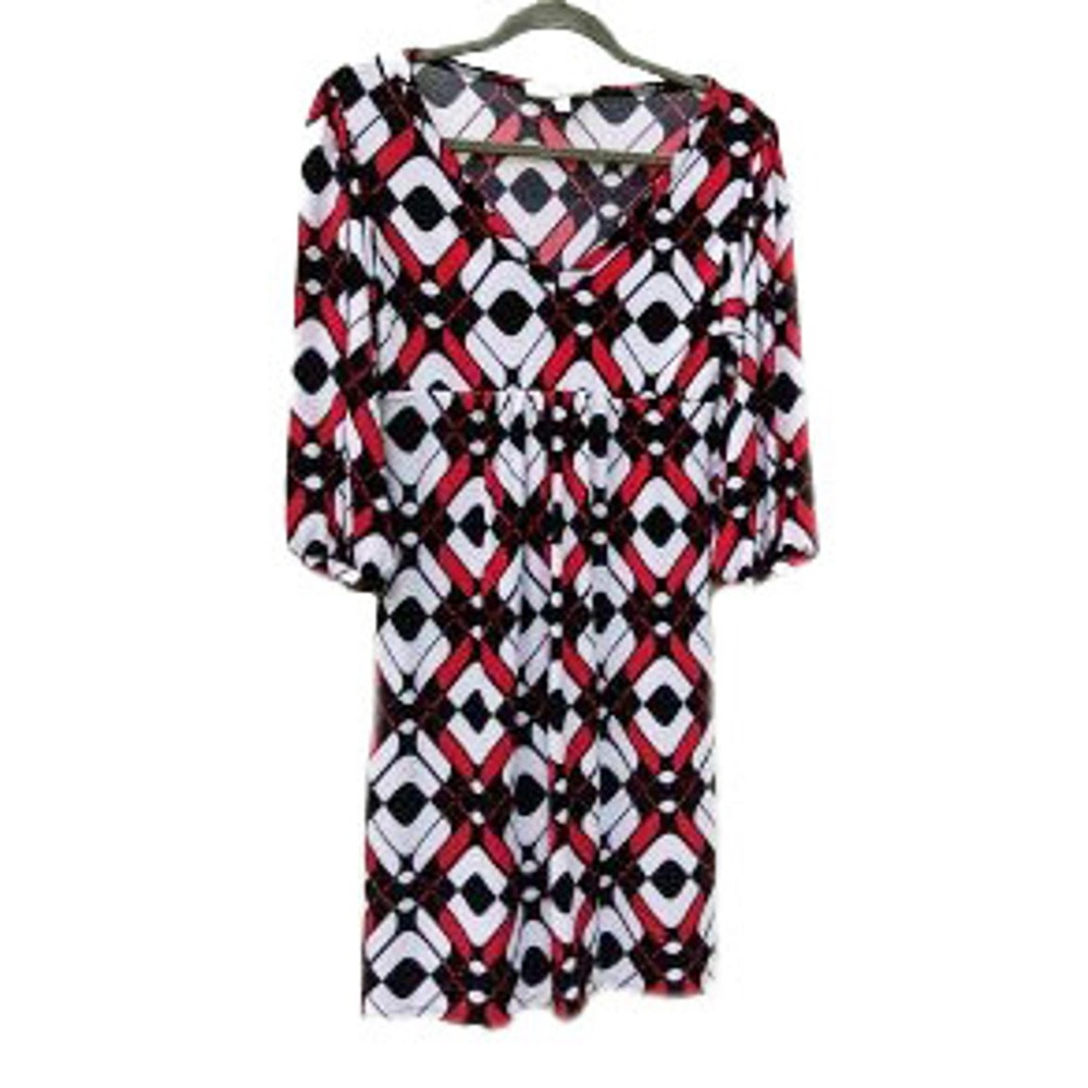 dBy Ltd Women's 6 Dress Red, Black, White V Neck 3/4 Sleeve Geometric Print